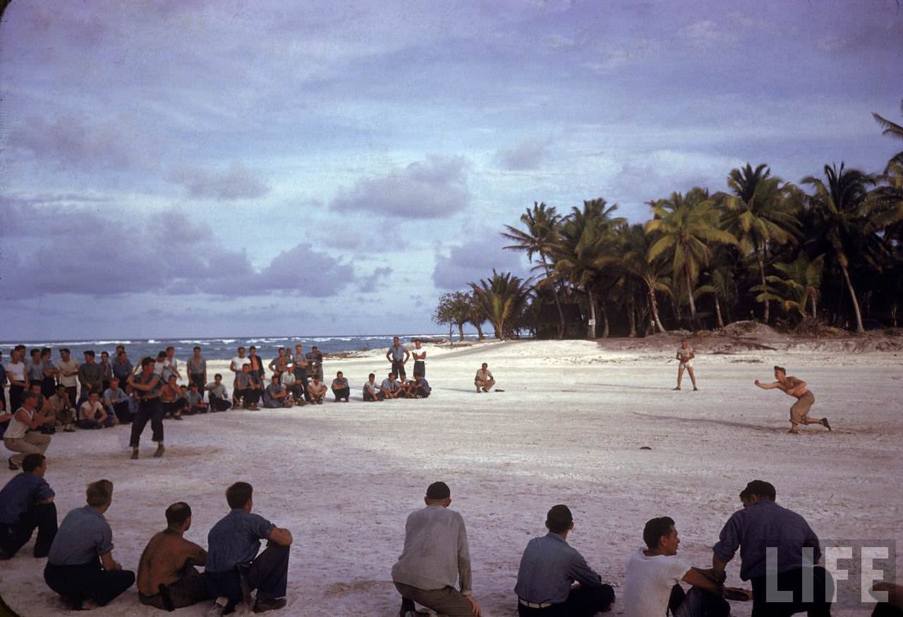 #5 American troops on Tarawa playing softball during WWII.