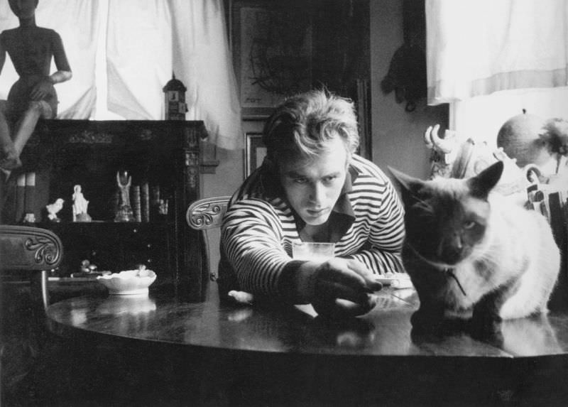 #26 James Dean with his cat, ‘Marcus,’ a gift from Elizabeth Taylor, 1955