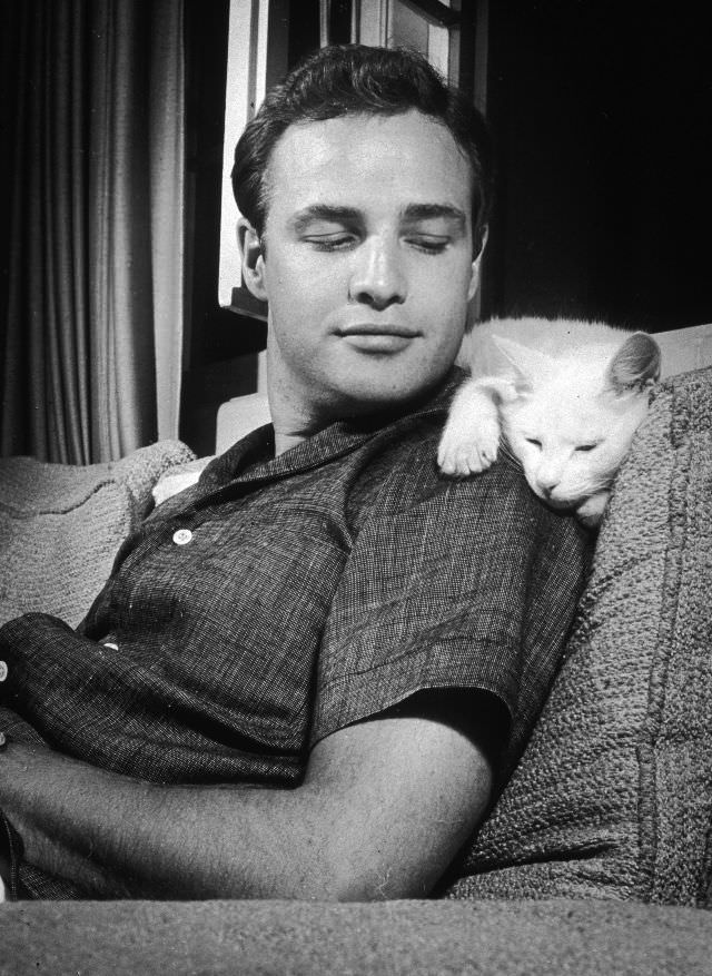 #32 Marlon Brando leans back on a sofa and smiles at a cat, who lays across his shoulders, at his home in Los Angeles, California, 1954