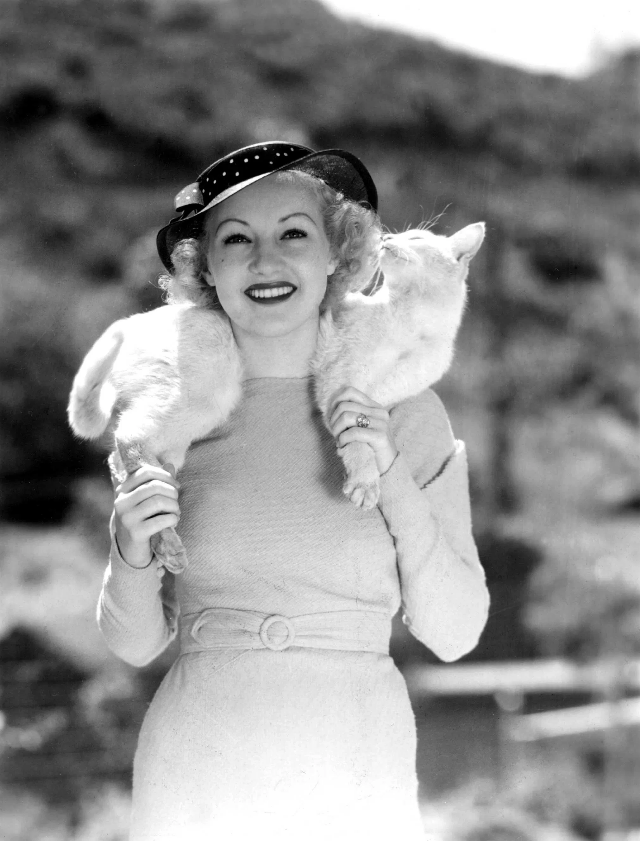 #21 Betty Grable wearing her pet cat, ‘Whitney,’ around her neck like a fur scarf, 1935