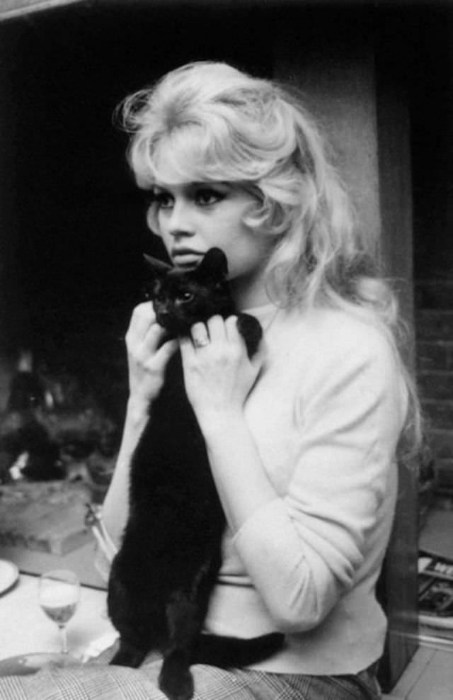 #4 Brigitte Bardot holding her cat up, 1959