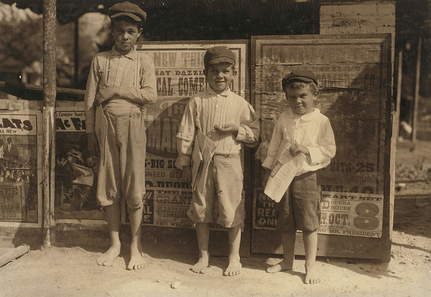 #49 San Antonio newsboys need supervision. Here are three brothers. They all start out at 6:00 a.m. And sell until 9:00 and 10:00 p.m. Nearly every day except Sunday. I found them selling after ten p.m. Boyce said “we don’t go to school; got to sell papers. Father is sick.” Location: san Antonio, Texas