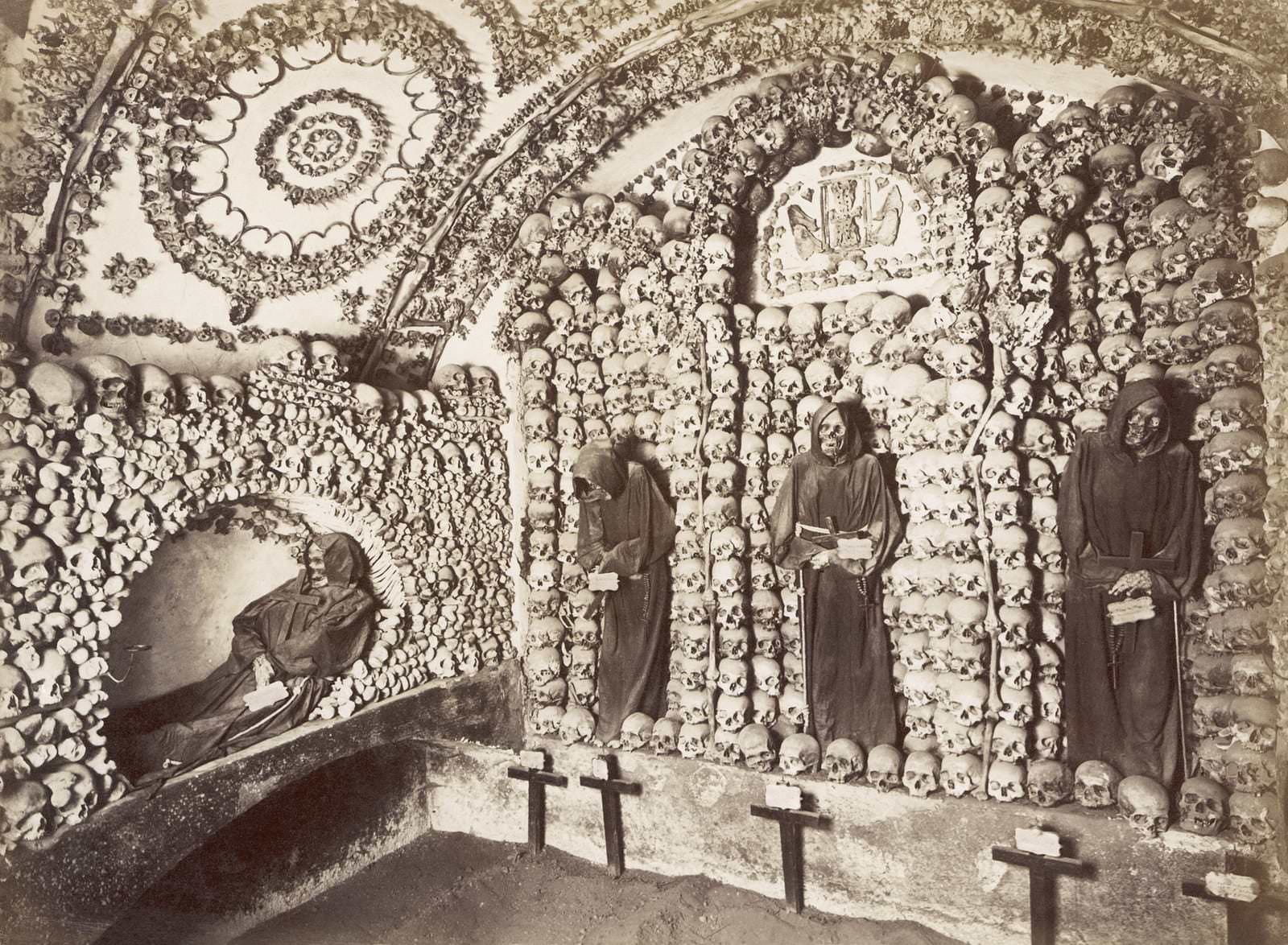 #13 The ornately arranged skeletons of Rome’s Capuchin Crypt, circa 1900