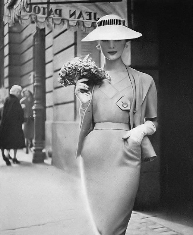 #37 Ivy Nicholson in pale blue linen dress and jacket by Patou for Vogue Pattern 1298, Paris, Vogue, June 1, 1955