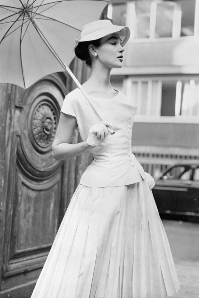 #39 Ivy Nicholson wearing a Jean Desses two-piece dress in chalk white shantung and silk, February 1955