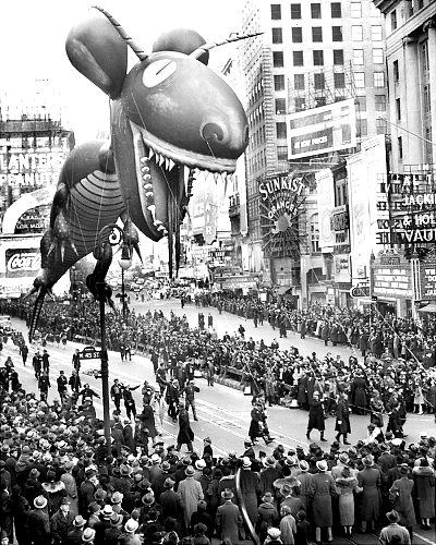 The dragon balloon roared down the parade route at the thirteenth annual Macy’s Thanksgiving Day parade in 1937.