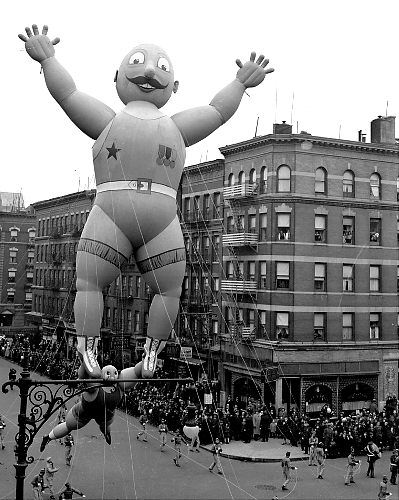 This prize-winning balloon of two acrobats was designed by Rudolf Lopez, 12, of Brooklyn and joined the parade in 1938. It’s shown here passing 106th St. and Central Park West.