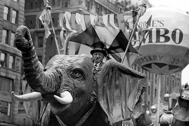 Comedian Jimmy Durante rides on a Jumbo the elephant float during the annual Macy’s Thanksgiving Day Parade in New York City on Nov. 22, 1962.