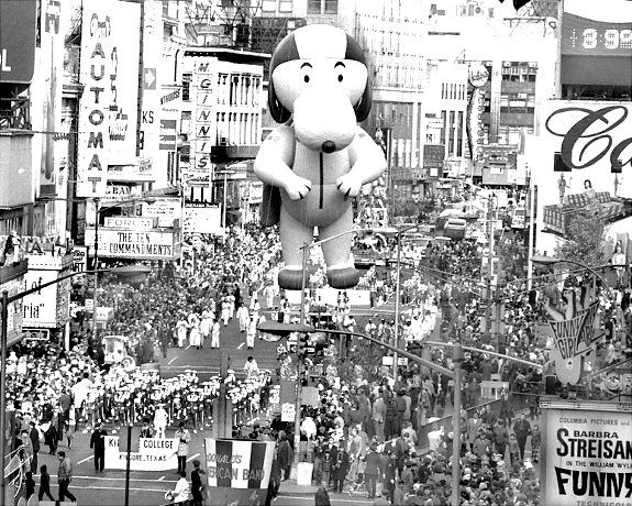 The Kilgore, Texas band struts its stuff and so does Snoopy at the 43d annual Macy’s Thanksgiving Day Parade in 1969.