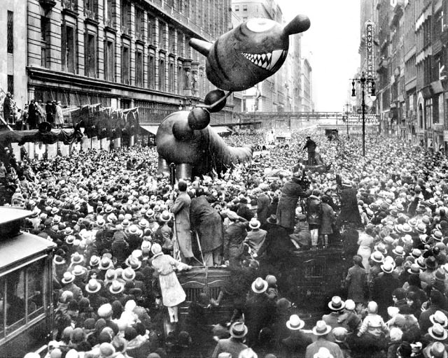 A not-too-ferocious dragon caught fancy of crowd at 1931 Macy’s Thanksgiving Day Parade, November 21, 1931.