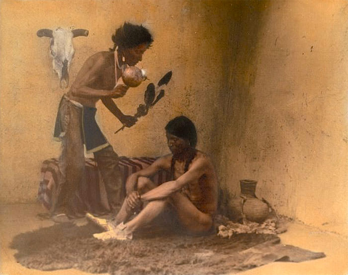 A Medicine Man With Patient. Taos Pueblo, New Mexico. 1905. Photo By Carl Moon
