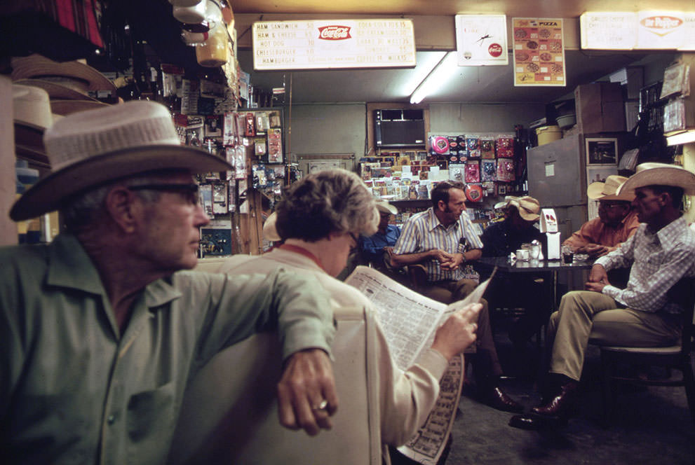 #1 Drugstore in Leakey, Texas, during the noon hour, May 1973. (Marc St. Gil/NARA)