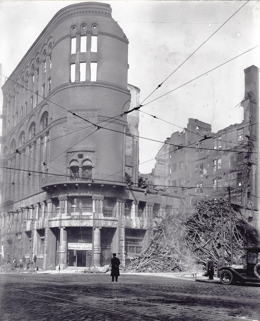 #13 Missouri Athletic Club fire wreckage at the northwest corner of Fourth Street and Washington Avenue, 1914