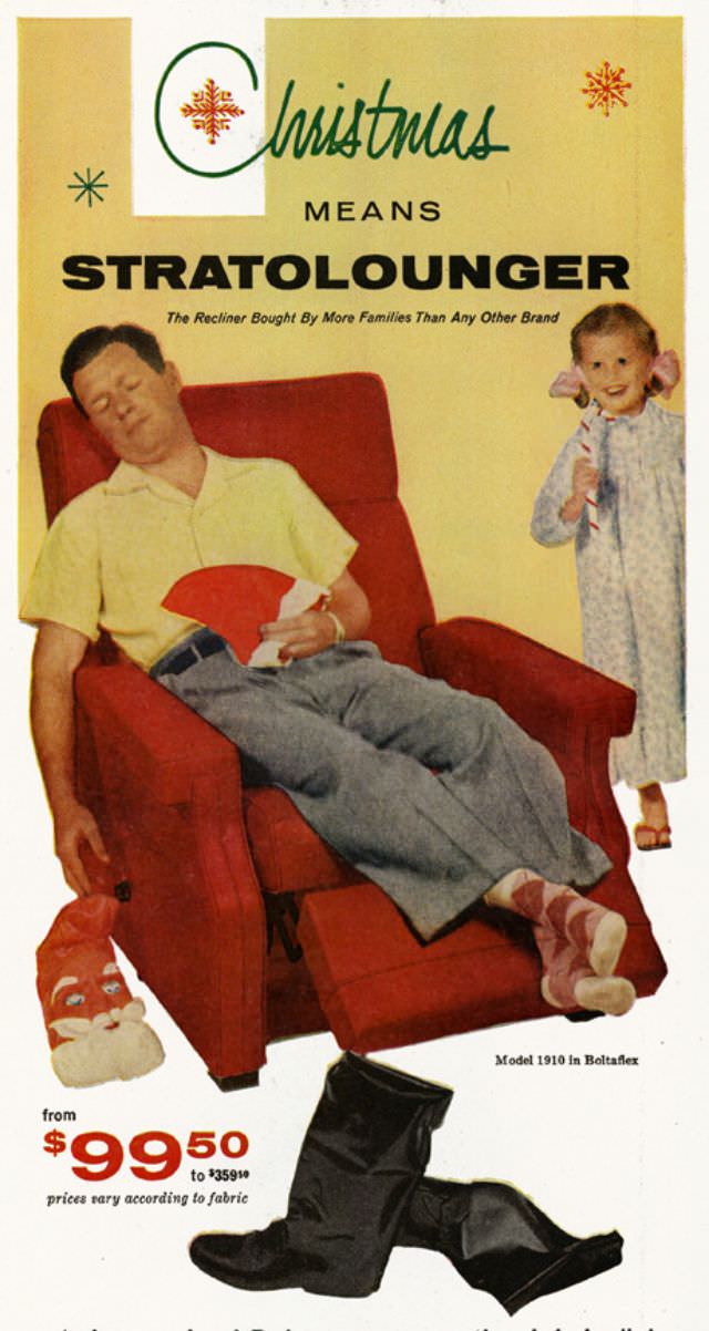 Christmas Means Stratolounger. From an advertisement for Futorian-Stratford Furniture Company appearing in the December 1, 1958 issue of LIFE