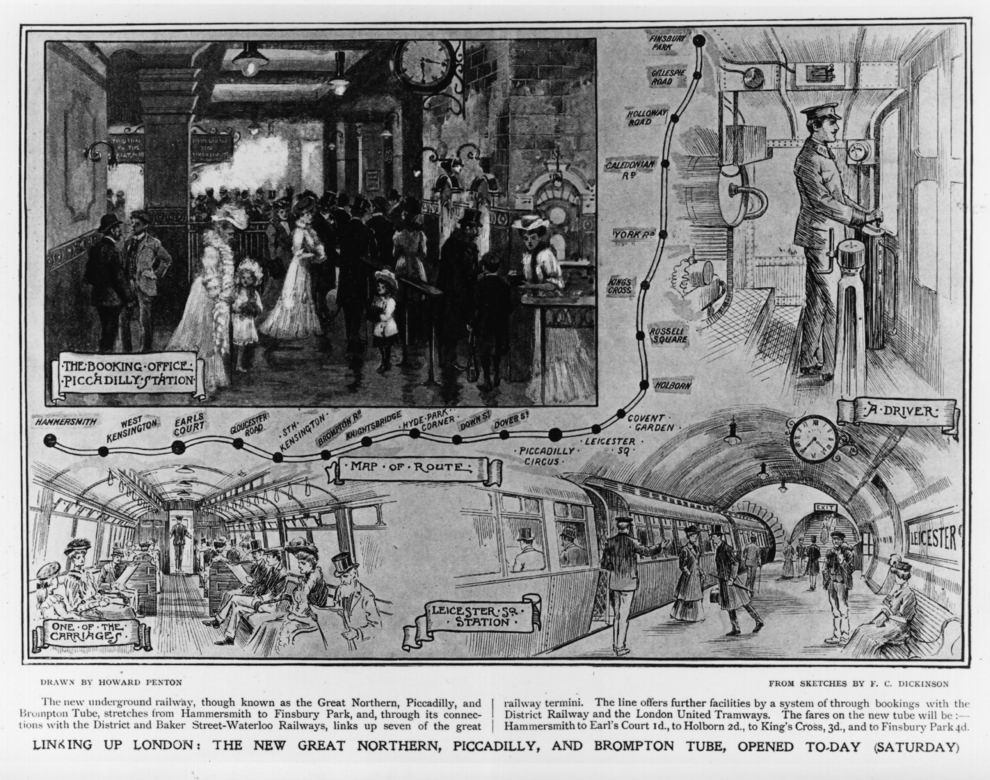 #19 Map and illustrations showing the new Great Northern, Piccadilly and Brompton underground tube route, linking London stations from Hammersmith to Finsbury Park, 1906.