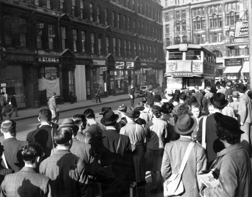 #45 A strike causes huge queues to build up at the bus stops outside Liverpool Street, 1939.