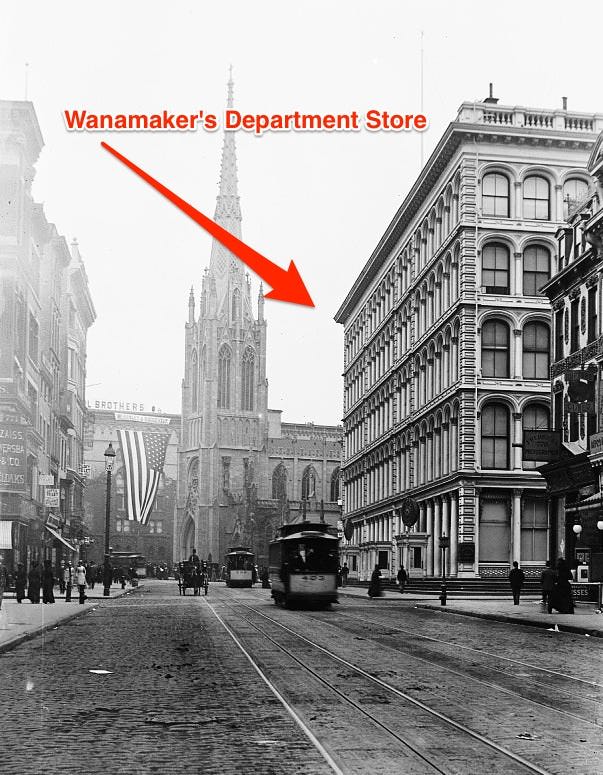 #33 Wanamaker’s was a popular department store on Broadway and Ninth Street in the early 1900s. It caught fire and was demolished in 1956.