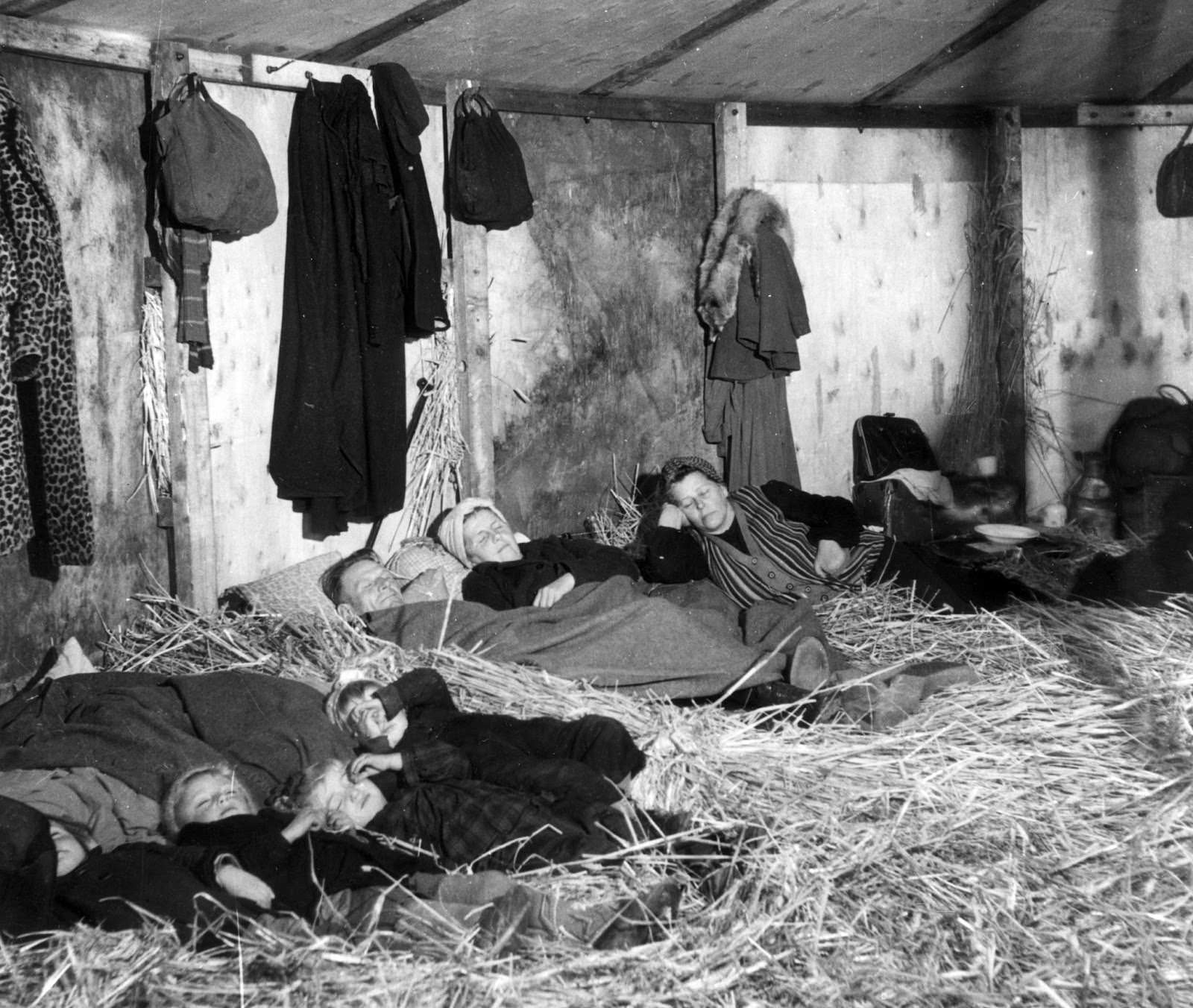 #23 German refugees fleeing from the Russian zone in the first few weeks after the end of World War II in Europe, seen on Oct. 25, 1945. They are sleeping on straw in a makeshift transit camp at Uelzen in the British zone of Germany.