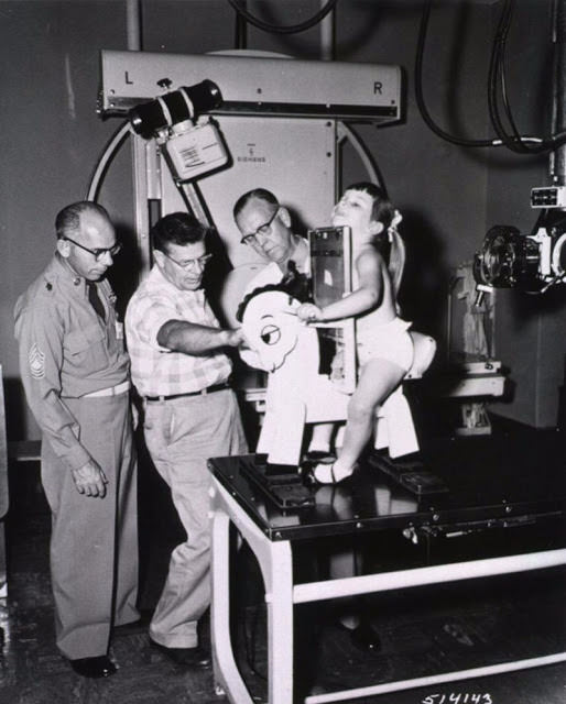 Roentgen steed, designed to hold children as they sit for chest X-rays, 1957.