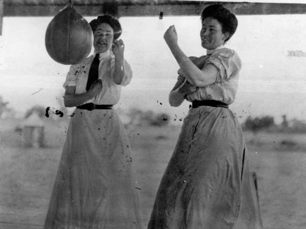 #15 Sisters Booka and Chris Durack sparring with a speed bag, Australia, 1916.