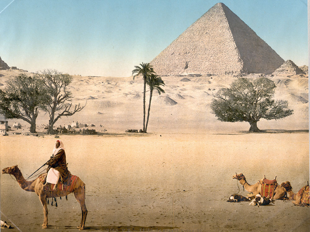 #1 Resting Bedouins and the Grand Pyramid, Cairo, 1890s