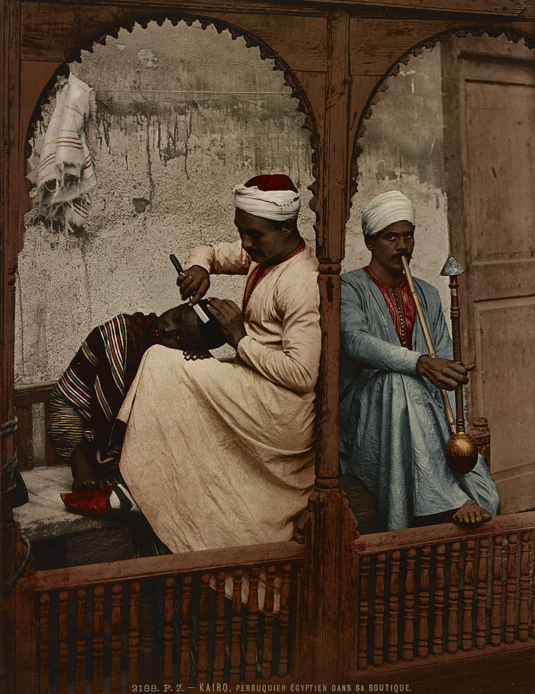 #46 Egyptian wig maker in his shop, Cairo, 1890s