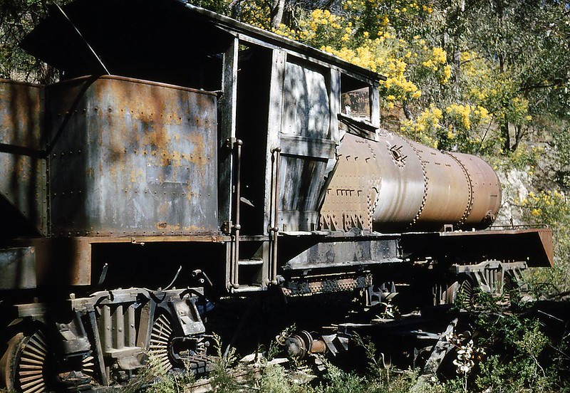 #15 Newnes, a former shale oil mining area, in the Blue Mountains, had quite a lot of metal items such as this train, New South Wales, August 1953