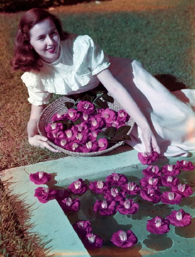 #38 Woman posing with camellias at Killearn Gardens State Park in Tallahassee, circa 1955