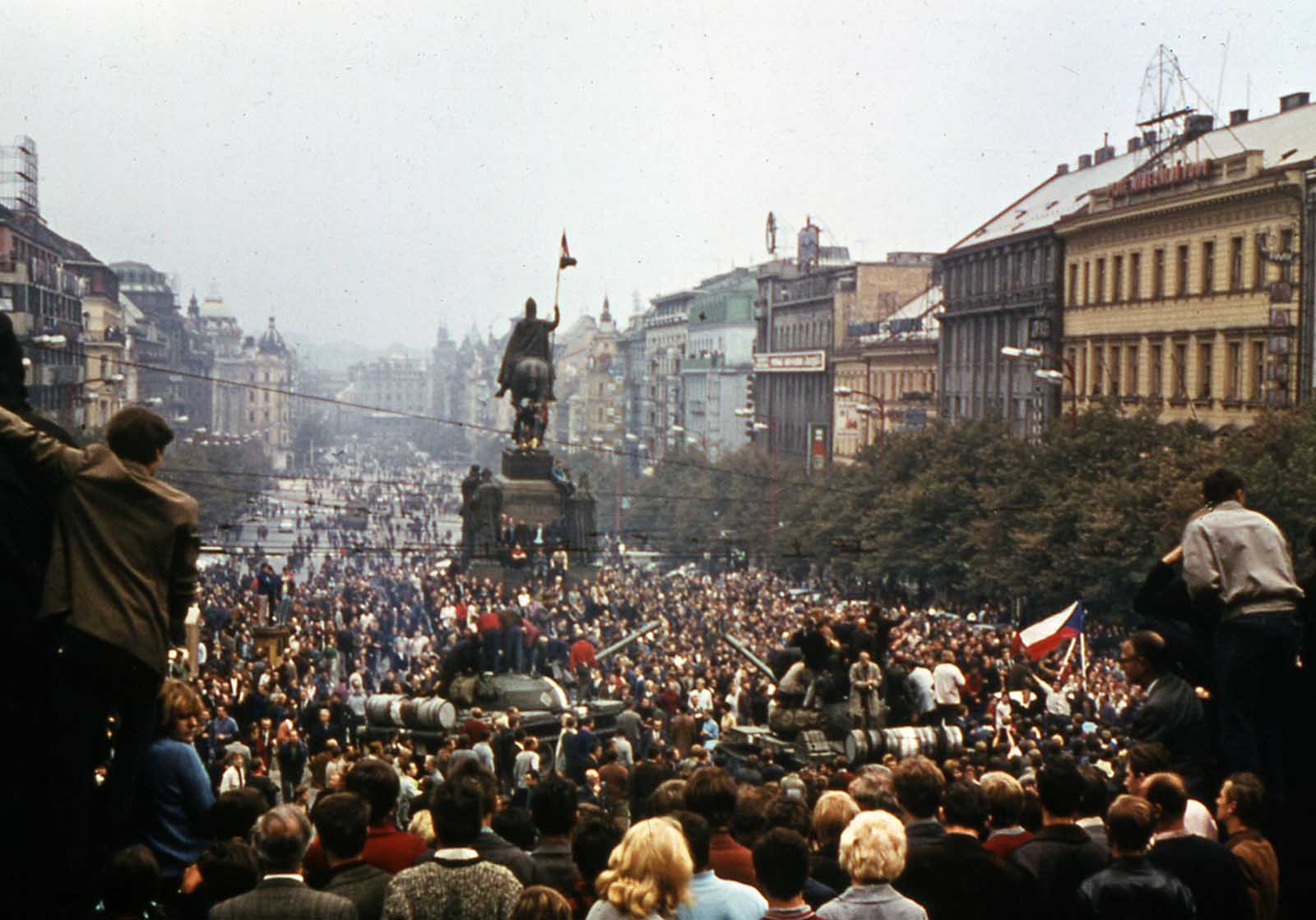 #16 Thousands of protesters crowd into Wenceslas Square, in downtown Prague, in August 1968, demonstrating against the Soviet invasion