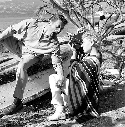 #10 Actress Tilda Thamar filming Kirk Douglas pullling faces during the International Cannes Film Festival, 20th April 1953.