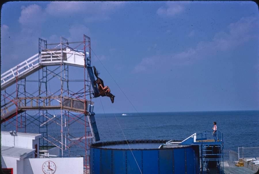 A horse takes a practice dive at Atlantic City’s Steel Pier park. 1978.