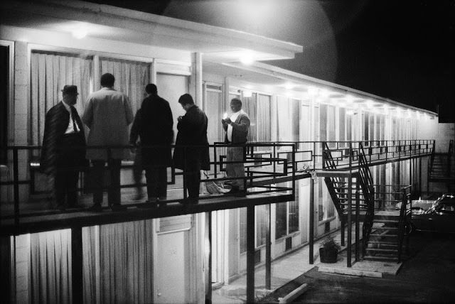 Colleagues gather on the balcony outside the Lorraine Motel’s room 306, just a few feet from where Dr. King was shot, April 4, 1968.
