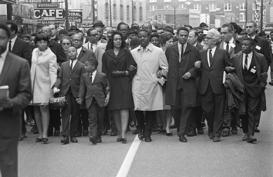 King intended to lead the “March on Memphis” for the striking sanitation workers, but tragically didn’t live to see it. His widowed wife, Coretta Scott King (fifth from right), led it instead. April 9, 1968. Memphis, Tennessee.