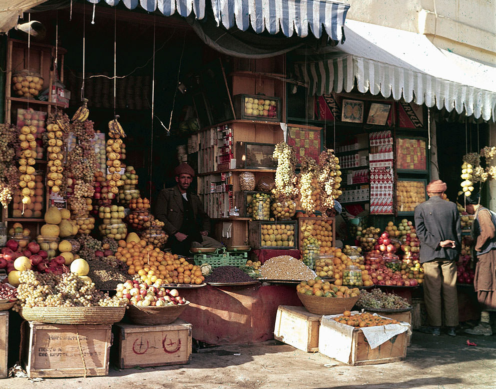 #10 A shopfront display of fruits and nuts in Kabul, in November of 1961.