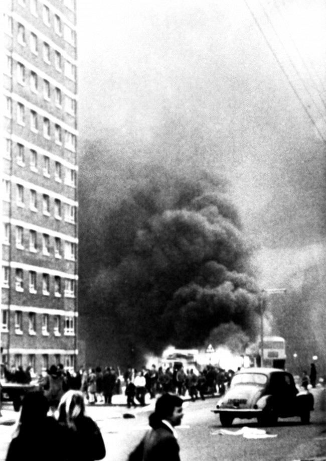 #13 Vehicles burn in the New Lodge Road area of Belfast when a crowd of about 200 set fire to cars, vans and lorries after an army scout car ran over and killed a five-year-old girl. 8 Feb, 1971