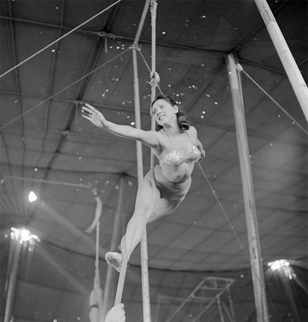 An aerialist rehearsing with a rope for the Ringling Bros. and Barnum &; Bailey Circus in Sarasota, FL in 1949.