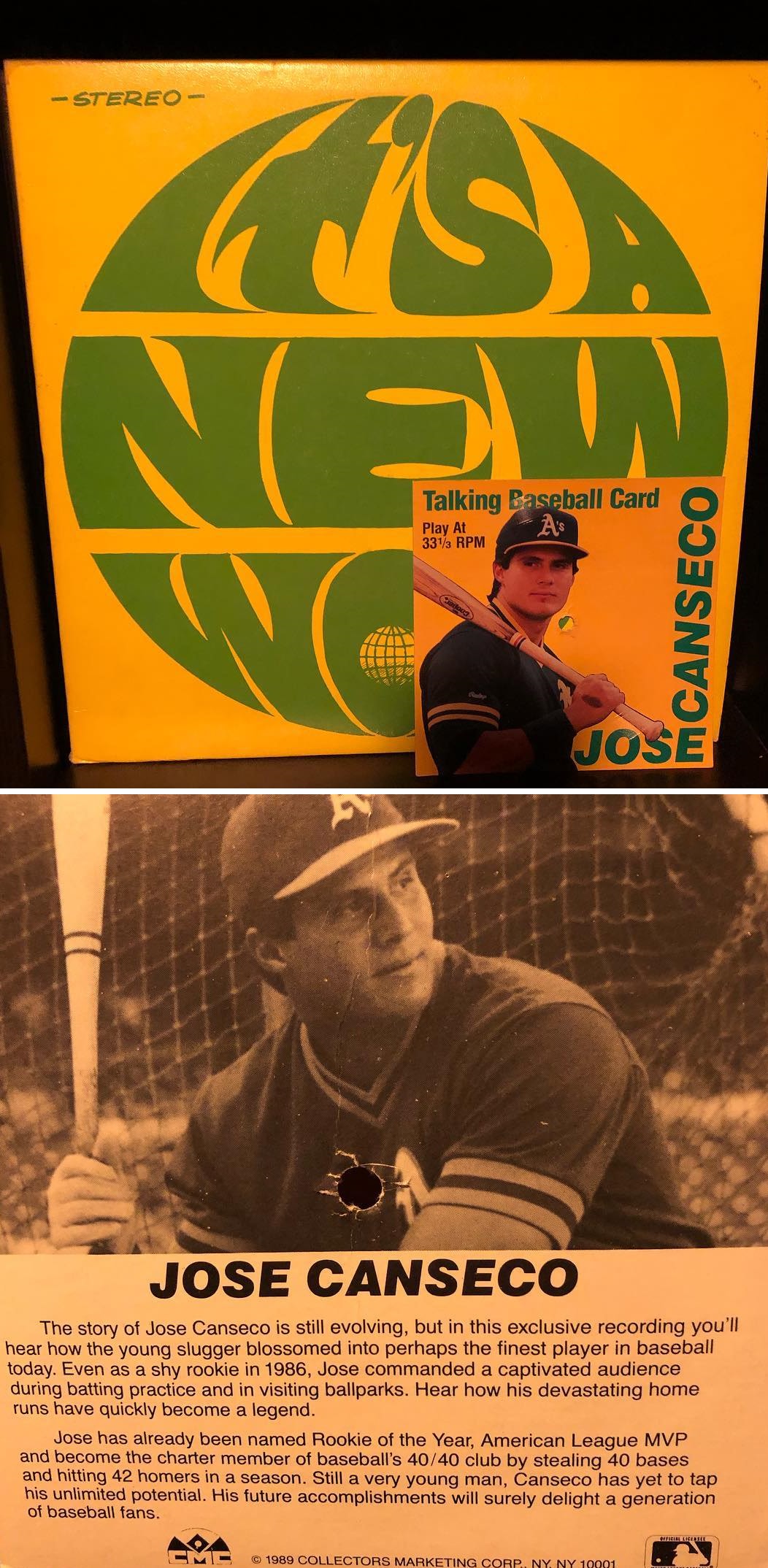 #36 Found this Jose Canseco Talking Baseball Card inside this Christian Folk LP. The card is dated 1989, which is before that home run bounced fair off his head in left field and before he blew his middle finger off with a shotgun and told the press that “it