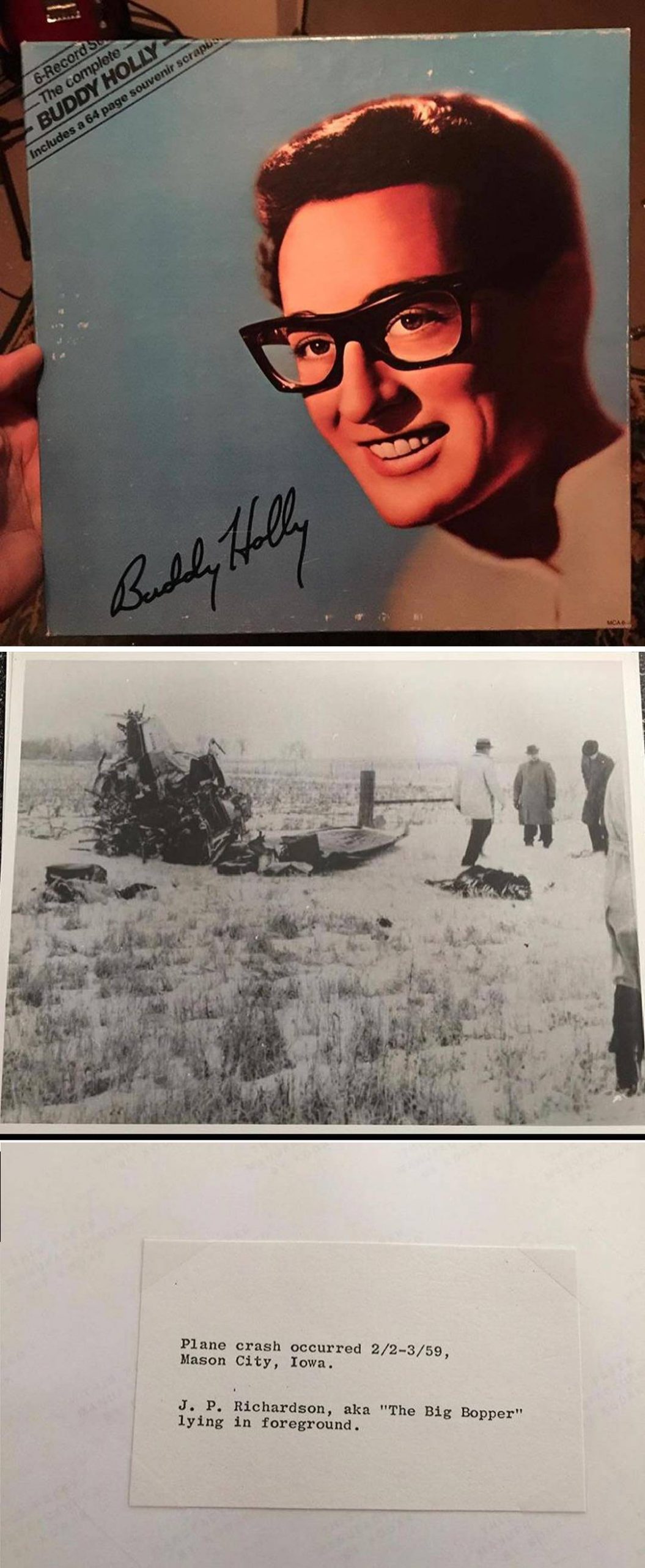 #17 The Day The Music Died: photos from the infamous plane crash with descriptions typed and taped to back found inside a mailing envelope in a Buddy Holly x6 LP box set