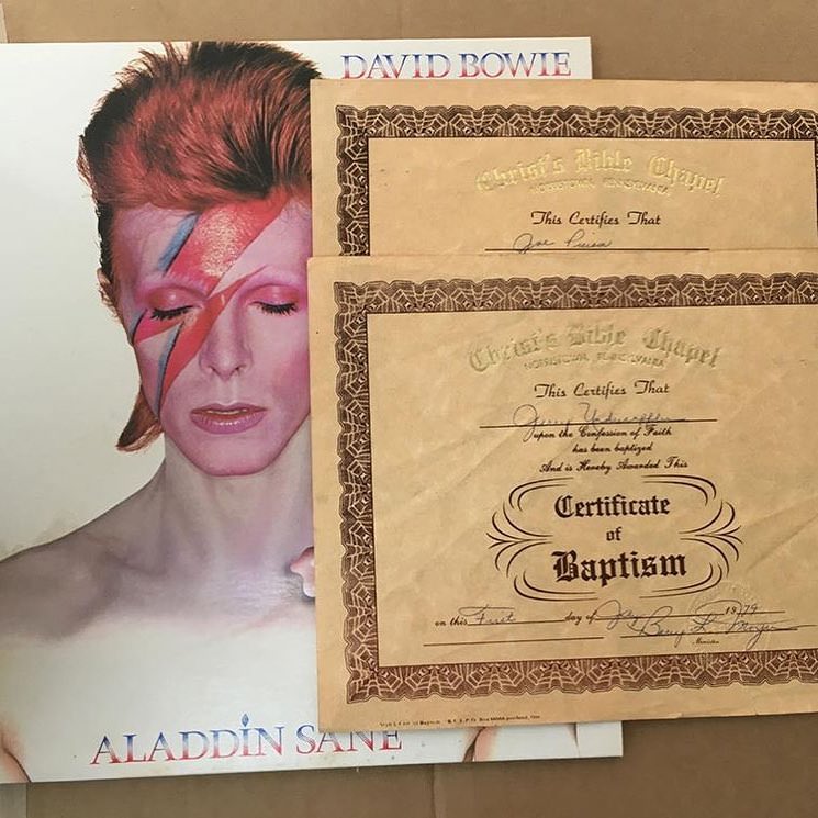 #10 The music of David Bowie can be a religious, found two Baptism certificates from 1979, in a copy of Aladdin Sane’.