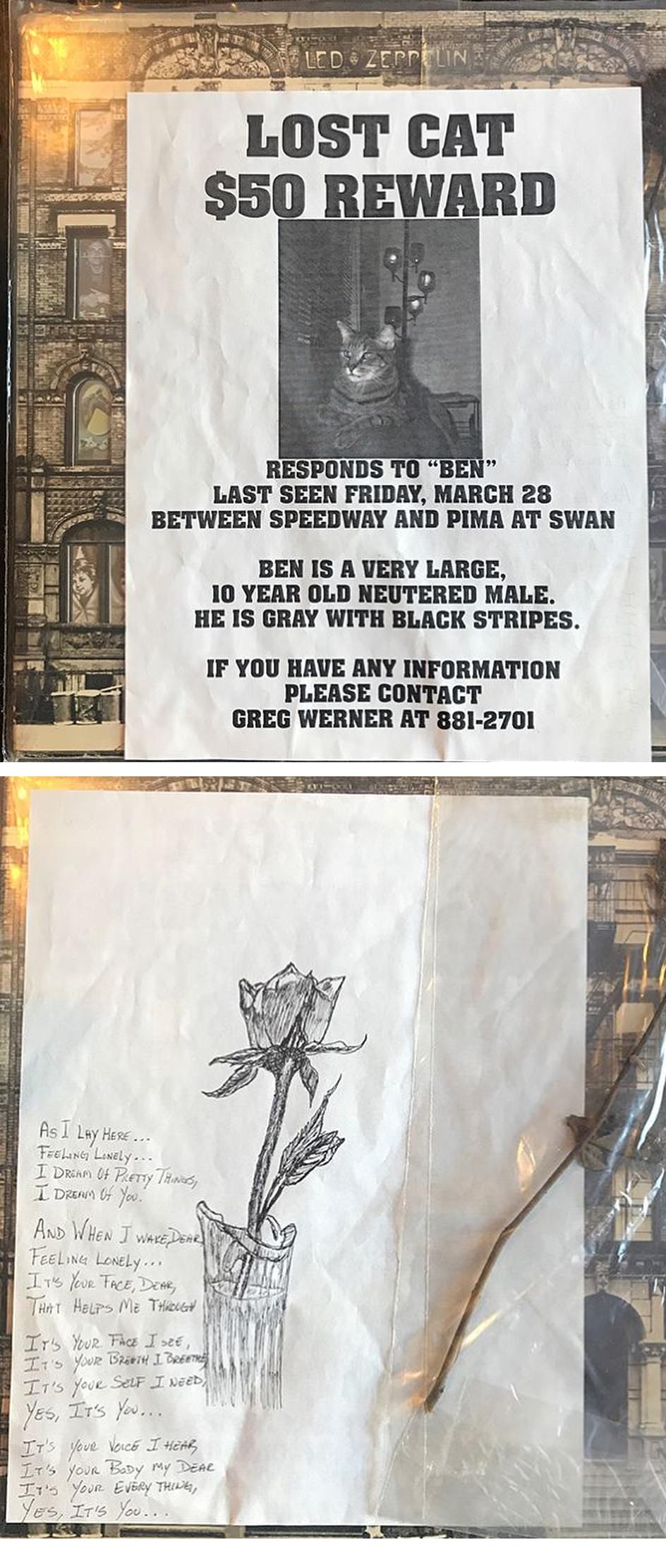 #45 Found a copy of Led Zeppelin ‘Physical Graffiti’ with some sad inserts! A MISSING CAT poster for poor little “Ben” and a dried rose and poem / drawing. Meow.
