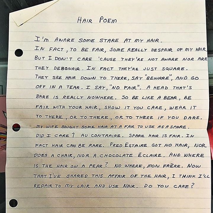 #55 Found the handwritten lyrics to “Hair Poem” tucked inside a copy of George Carlin’s ‘Fm & Am’ LP.