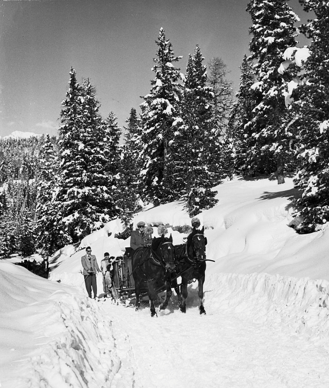 #19 Sleigh-ride from town to jumping hill in snow-covered ski-resort village.
