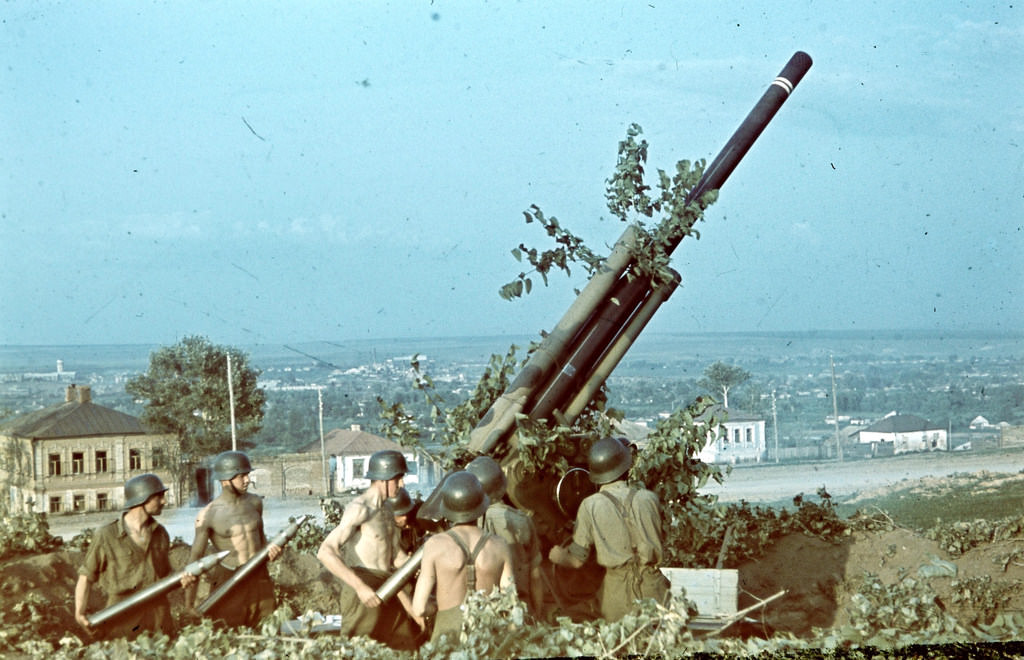 #115 Hungarian 29M 8 cm 80-mm anti-aircraft gun during the war, Stary Oskol part of Kursk region, now part of Belgorod region, Russia, 1942