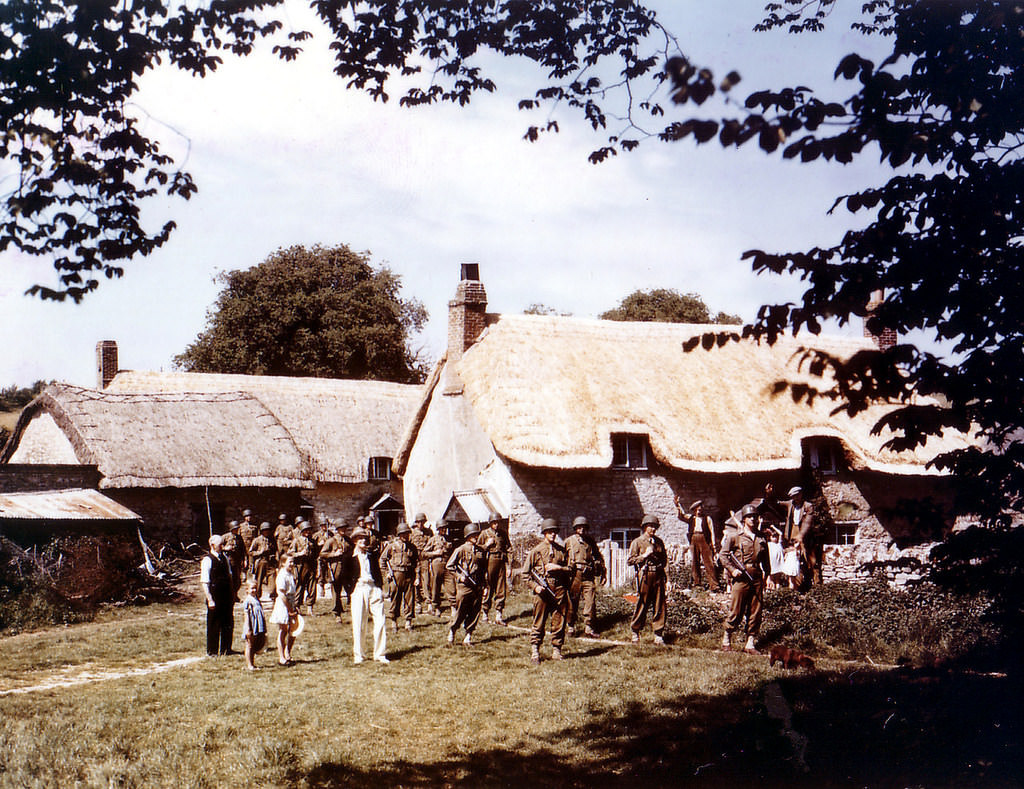 #128 US Soldiers in the English village during tactical exercises in preparation for Operation Overlord, 18 April 1944