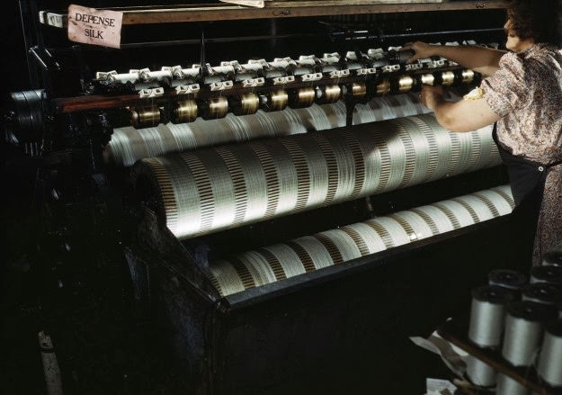 #173 The water stretching machine of an eastern parachute manufacturer stretches shroud lines so as to make them more adaptable to the finished product, in Manchester, Connecticut, in July of 1942