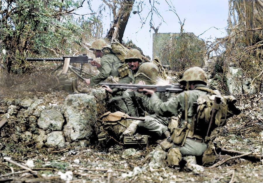 #44 U.S. Marines firing an M1919 Browning machine gun during the fighting on the island of Peleliu.