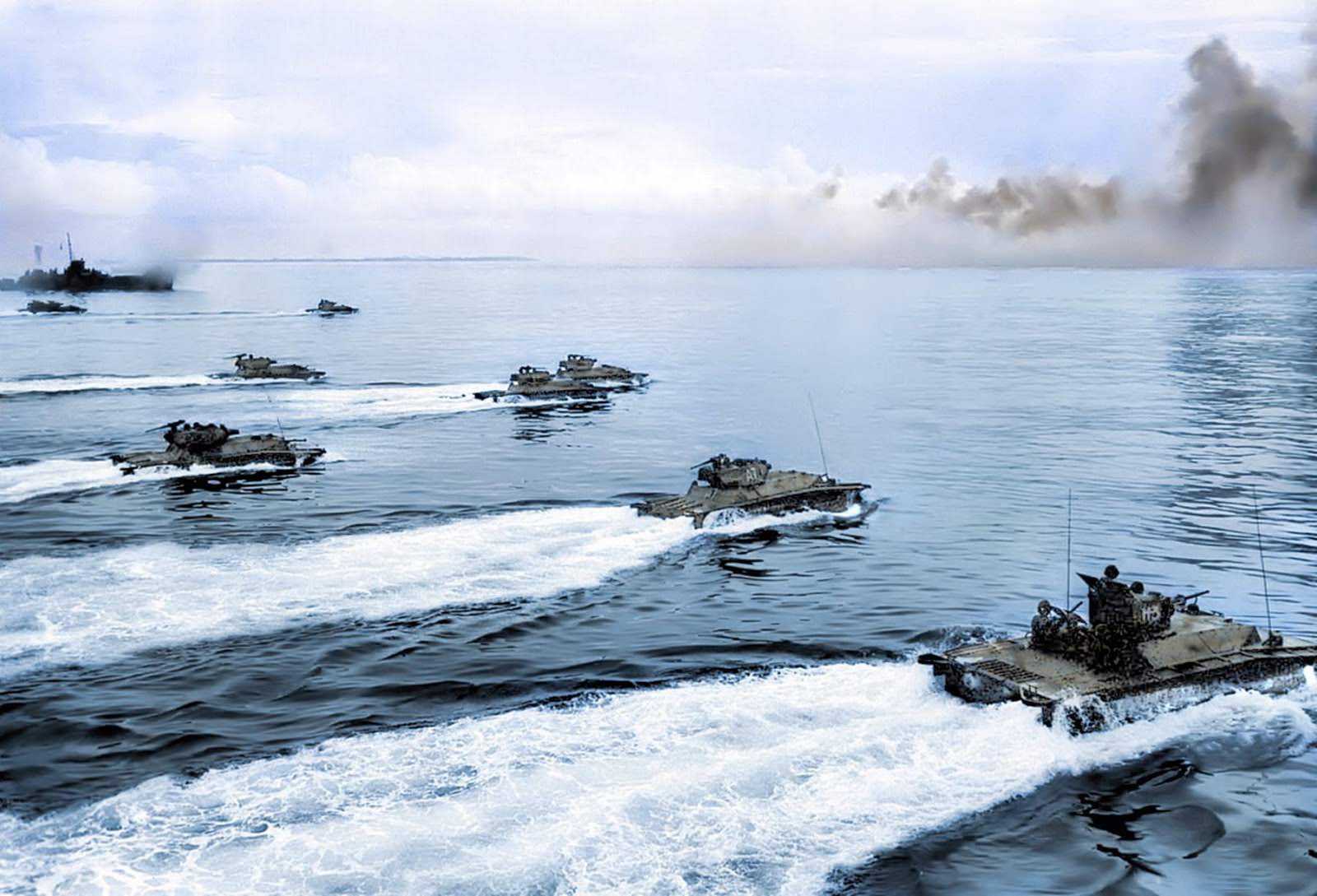 #55 Alligator landing vehicles heading toward defenses on Peleliu in September 1944.