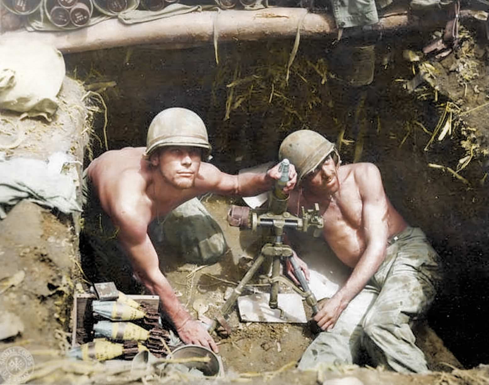 #59 Marines firing mortar shells in the Solomon Islands.