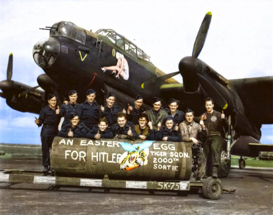 #73 F/L J. F. Thomas and the crew of Avro Lancaster Bomber ‘B’ MkI ‘Victorious Virgin’ RF128 QB-V of RCAF 424 Squadron “Tiger” Squadron on the 21st of March 1945.