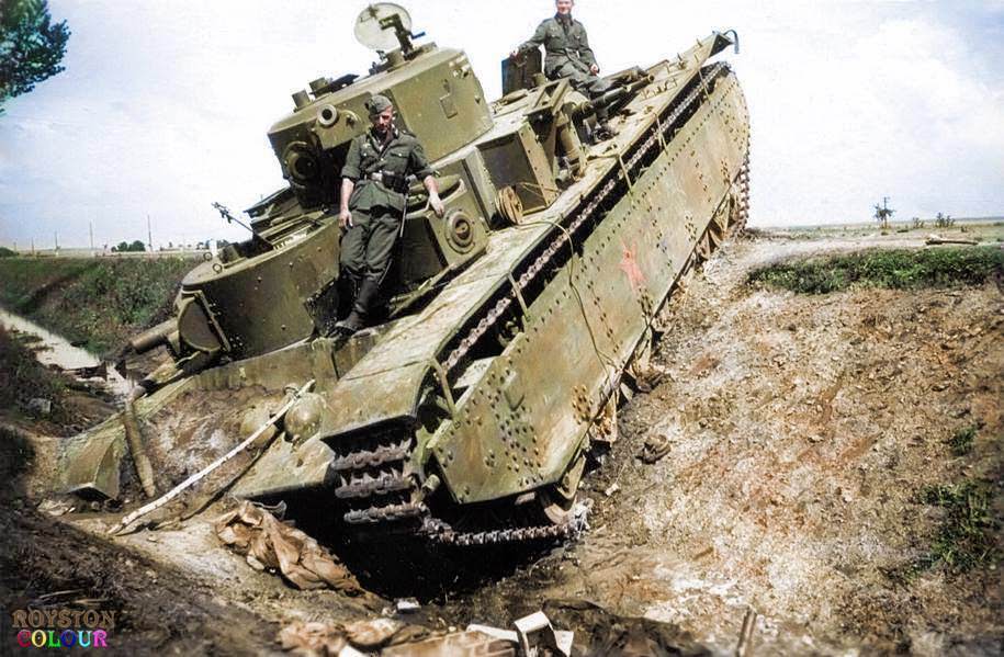 broken down and deserted Soviet T-35 heavy tank of the 8th Mechanized Corps. On the Dubno – Plycza highway, Rivne Oblast (province) of western Ukraine.